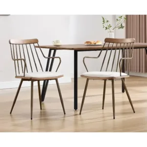 Beige Linen-Upholstered Dining Chairs Set of 2 with Arms and Metal Legs, Spindle Back Design for Industrial Style Kitchen or Liv