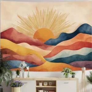 Sunset Mountain Tapestry Boho Wall Hanging Abstract Landscape Art Decor for Living Room Bedroom Nursery Home Decoration Trendy