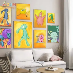 1pc AZMN SpongeBob SquarePants Abstract Character Frameless Canvas Wall Art, Cute Cartoon Print Kids Room Decor, Painting