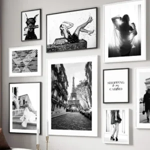 Paris Tower Fashion Girl Star Dog Black White Photo Poster Wall Art Canvas Print Picture for Living Room Home Decor