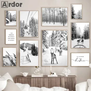 Winter Ski Facility Poster Black And White Dog Deer Art Painting Snow Forest Reed Canvas Print Nordic Wall Pictures Home Decor