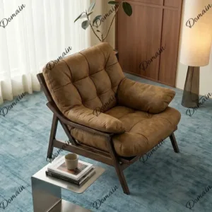 81 N Mid-Century Modern Solid Wood Lounge Chair for Living Room Balcony Comfortable Retro Leather Reading Armchair