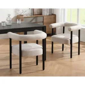 Linen Upholstered Dining Chairs with Black Wooden Legs, Curved Back, Set of 2, Beige