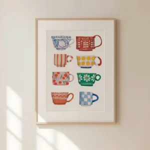 Tea Cup Print, Breakfast poster, Coffee Printable Art, Handmade Kitchen Wall Art, Digital Printable, Trendy Cafe Bar Decor, Fren