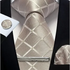 100% Silk Ties for Men Plaid & Checks Tie Clip Handkerchief Woven Classic Men's Necktie Pocket Square Set Formal Wedding Ties
