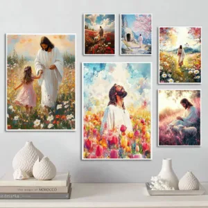 Graffiti Christian Jesus With Child Art Posters Christian Faith Jesus Walking In Flower Field Canvas Painting Bedroom Home Decor