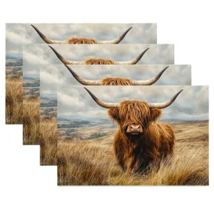 4pcs Highland Cow Placemats, Polyester Knit Fabric, Rectangular, Hand Wash Only, Farmhouse Dining Table Decor, Rustic Country St