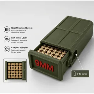 3D Printed 9mm Compact Drawer Ammo Box 50 Rounds Durable Stackable Ammunition Storage Organizer for Range & Travel