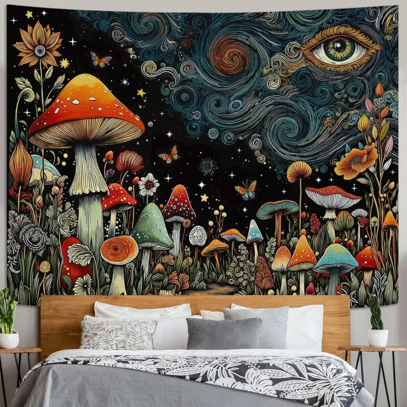 Hippie Mushroom Forest Tapestry Abstract Fantasy Sky Eye Wall Tapestry for Bedroom Aesthetic Art Floral Plant Small Tapestries