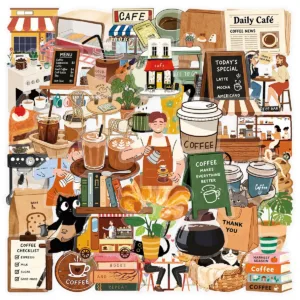 50PCS Healing Café Afternoon Tea Graffiti Stickers Coffee Illustration Decal Decoration Luggage Phone Guitar Scraphbook Kid Toys