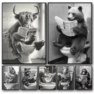 Funny Animal Sitting on The Toilet Reading Newspaper Poster Bear Monkey Highland Cow Canvas Painting Vintage Bathroom Wall Decor