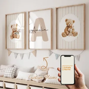 3pcs Personalized Custom Name Cartoon Animal Bear Wall Art Print Picture Canvas Poster Painting Living Room Home Decor