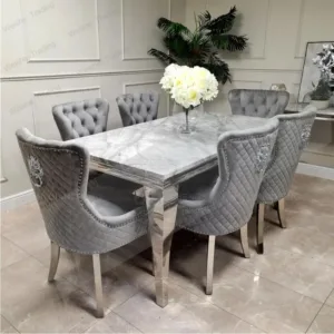 Grey Solid Marble Top and 6 Grey Knocker Chairs Stainless Steel Chrome Dining Table