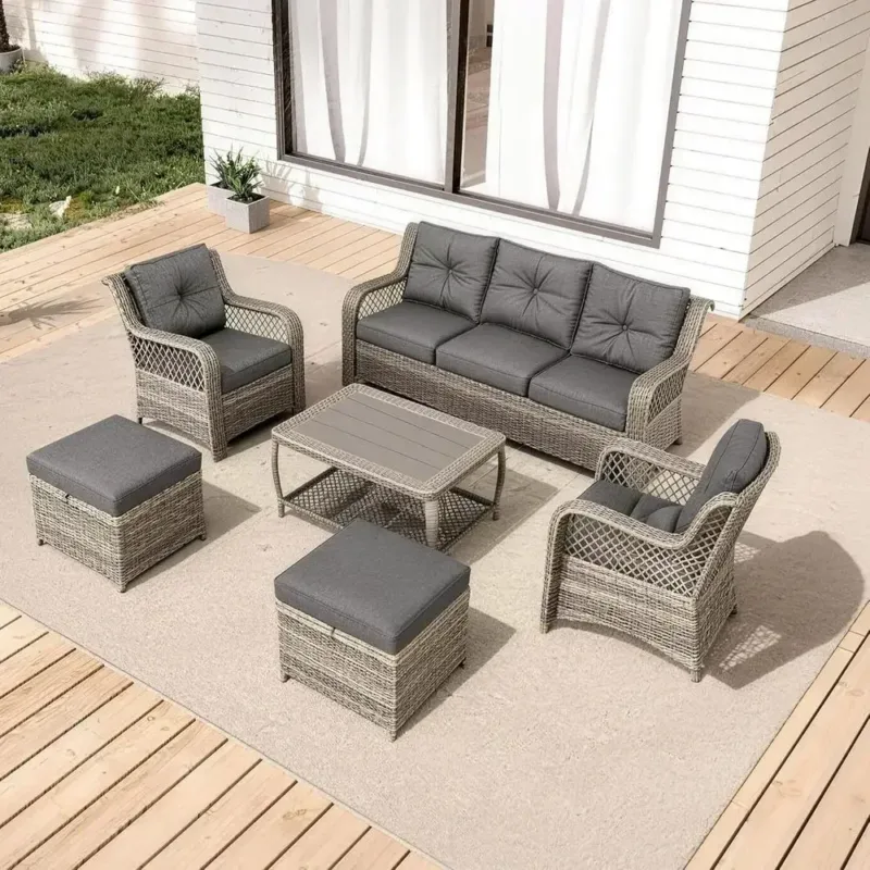 Gray 7-Piece Outdoor Wicker Sectional Sofa Set with Ottomans and Storage Coffee Table