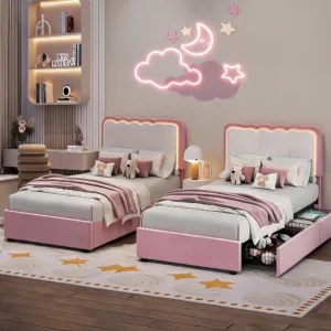 Twin Upholstered LED Bed Frame With 2 Storage Drawers, Adjustable Velvet Headboard, Platform Bed For Kids, No Box Spring Needed
