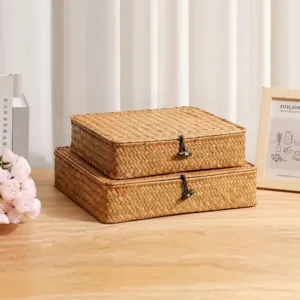 Wicker Storage Square Basket With Cover Decorative Storage Box Flat Storage Box Woven Storage Basket For Shelf Closet Bedroom