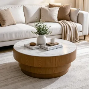 31.5" Modern Round Coffee Table with Sintered Stone Top,Wood Veneer Tiered Base Centry Table for Living Room,White, Customized
