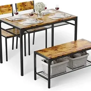 Kitchen Table and 2 Chairs for 4 with Bench, 4 Piece Dining Table Set for Small Space, Apartment (Rustic Brown)