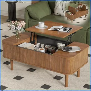 Fluted Lift Top Coffee Table w/ Storage, Mid-Century Modern, 39.4" Rectangle Walnut