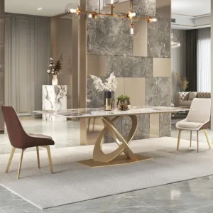 Luxury Stainless Steel Dining Table Set with 6 Chairs Marble Top Dining Room Furniture for Home Hotel