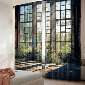 2Pcs Industrial Curtains Industrial Interior With Tall Old Windows Ruins Hallway Station Shadow For Bedroom Living Room And