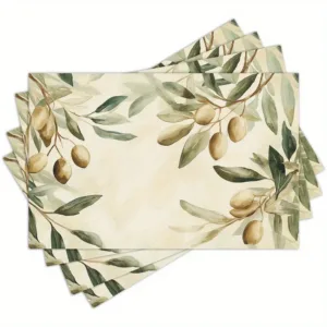 4pcs Watercolor Olive Leaf Placemats – Washable, Rectangular Design, Ideal for Dining, Kitchen & Holiday Decor