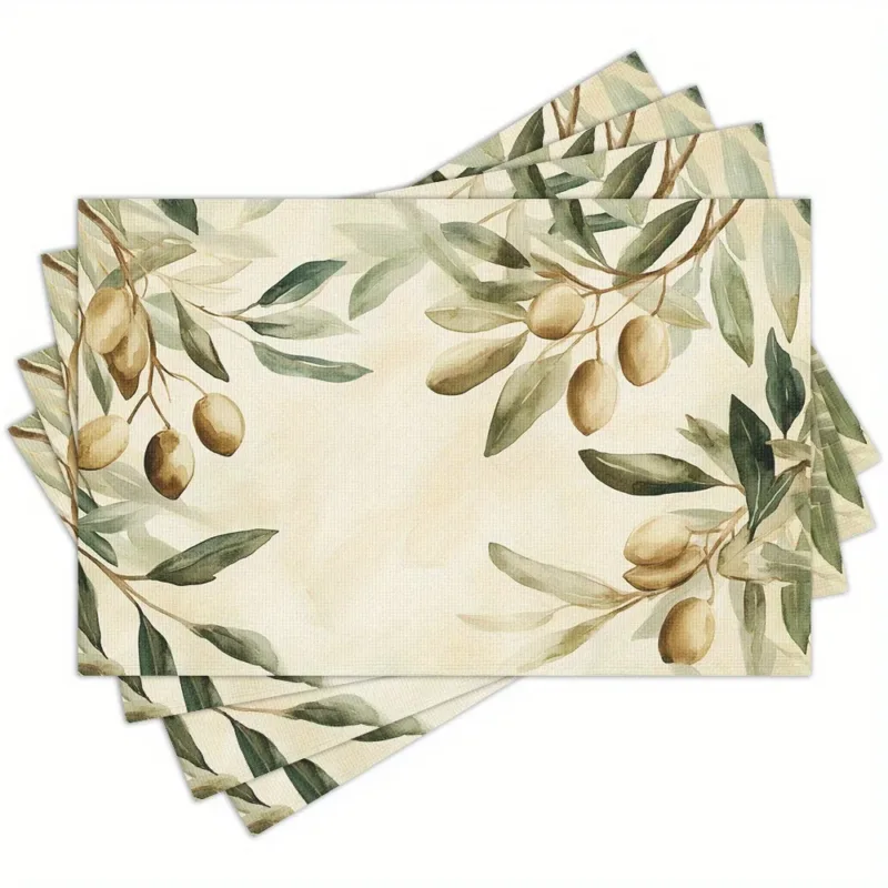 4pcs Watercolor Olive Leaf Placemats – Washable, Rectangular Design, Ideal for Dining, Kitchen & Holiday Decor