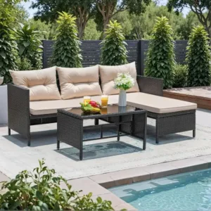 Light Beige Outdoor Wicker Sectional Sofa Set with Cushions and Coffee Table for Patio, Yard, Garden, Porch, Poolside