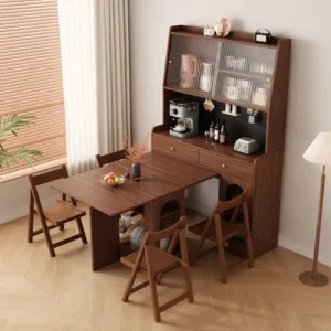Space Saving Foldable Embedded Dining Cabinet & Table Combo Retractable Wall-Mounted Storage Sideboard with Wine Rack for Home