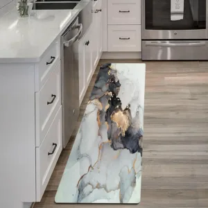 Luxury Marble Print Kitchen Mat with Gold Accents, Non-Slip Washable Durable Runner Rug for Kitchen, Bathroom, Laundry Room