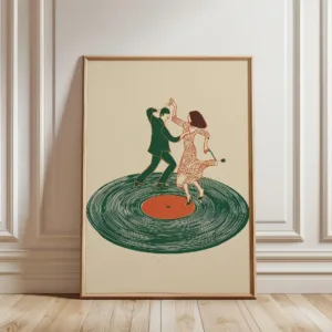 Couple Dancing on Vinyl Record Wall Print Decor - Retro Music Art for Living Room Accent, Bedroom Wall Decor, or Music Lover's S