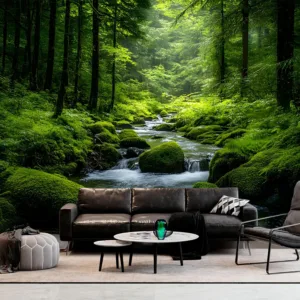 Forest River Tapestry – Lush Green Rainforest Scene with Stream, Nature Wall Art for Living Room, Bedroom