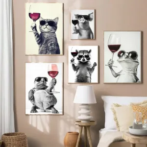 Animal Poster Funny Cat Frog Pig Drinking Wine Canvas Painting Print Room Home Kitchen Bar Cafe Dining Room Wall Decor