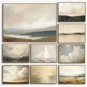 Abstract Cloudscape Sailboat Coastal Landscape Neutral Fine Art Poster Canvas Painting Wall Pictures Home Interior Decor