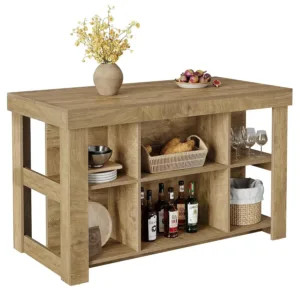 55.1" Kitchen Island with 6 Cubbies, 3-Tier Stationary Table, Dual-Sided Coffee Bar with Shelves for Kitchen Dining, Customized