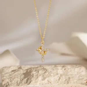 Women Gold Tone Rotatable Crown Cross Necklace Inlaid Clear Zircon Pendant Necklace Fashion Christian Religious Jewelry Gift