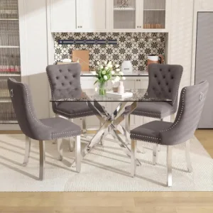 51" Glass Dining Table Set for 4, Grey | Tempered Glass Top, Silver Metal Legs, Velvet Chairs, Modern Dining Room Set, Custom