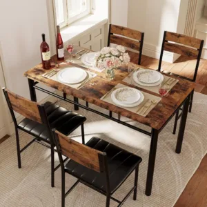 Rustic Brown Wooden Dining Table Set for 4 Persons with Upholstered Chairs for Kitchen and Small Space