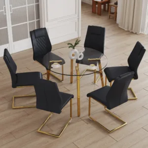 Table and Chair Set.A Modern Minimalist Style Round Clear Tempered Glass Table with Metal Legs.Paried with Black Chairs with Mod