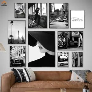 Aesthetic Black White Luxury Car Fashion Sexy Women Poster Vintage Paris Street Canvas Painting Wall Art Picture Room Home De
