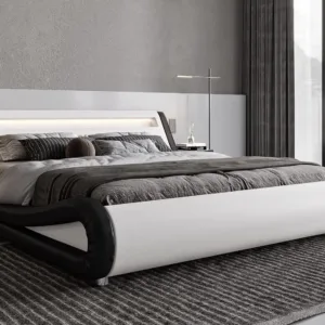Queen Bed Frame LED Adjustable Headboard Upholstered Platform, Black & White, Customized