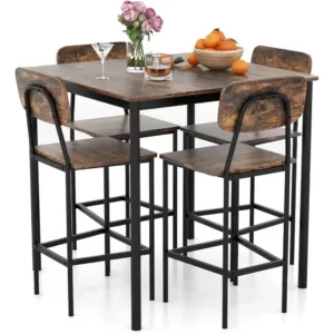 5-Piece Dining Table Set W/Counter Height Table & 4 Bar Stools, Industrial Kitchen Dining Set W/ootrest & Backrest, Space-Saving