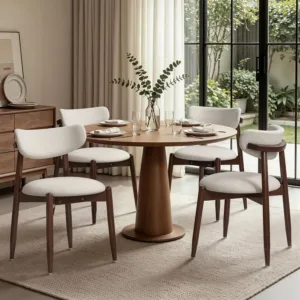 Wooden Dining Chairs Set of 4, Upholstered Dining Room Chairs with Curved Backrest, Mid Century Modern Fabric Kitchen, Custom