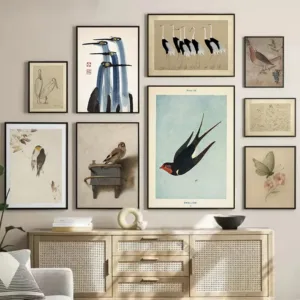 Vintage Birds Crane Swallow Japanese Art Antique Line Minimalist Sketch Poster Canvas Painting Wall Art Pictures Home Decor