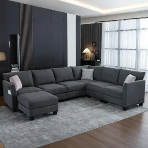 122.8" Large Sectional Couches for Living Room | Storage Ottomans & USB, Linen 6 Seater L Shaped Modular Sectional, Customized