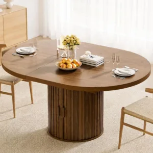 43"-59" Exble Round Dining Table with Hidden Storage, ern Wooden Kitchen Table with luted Sliding Door Cabinet, Oval Dining Tabl