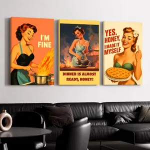 Retro Woman Cooking Framed Wall Painting Ready to Hang Canvas Wall Art Poster for Bedroom Living Room Home Decor Gift