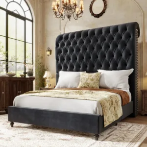 Queen Bed Frame Velvet Upholstered 59" Sleigh Headboard, Black | Extra Tall Headboard,Handcrafted Deep Button
