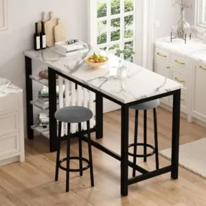 Kitchen Furniture Bar Height Table and Chairs for 2 People, 4-Tier Compact Dining Room Table, White Faux Marble Top and