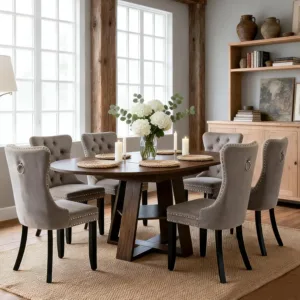Round Extendable Dining Table Set for 6, 43"-59" Walnut Expandable Kitchen Table with 6 Grey Velvet Tufted Chairs,, Custom